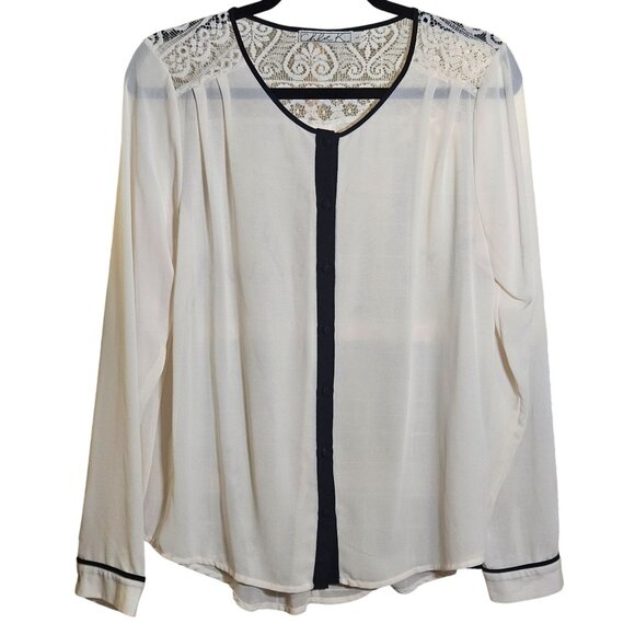 Chloe K Lace Blouse Cream Black Trim Long Sleeve L Coquette Workwear Chic - Picture 2 of 10